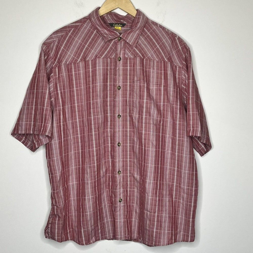 Cabela's Men Button Down Red & White Collared Plaid Shirt Size‎ XL Short Sleeve